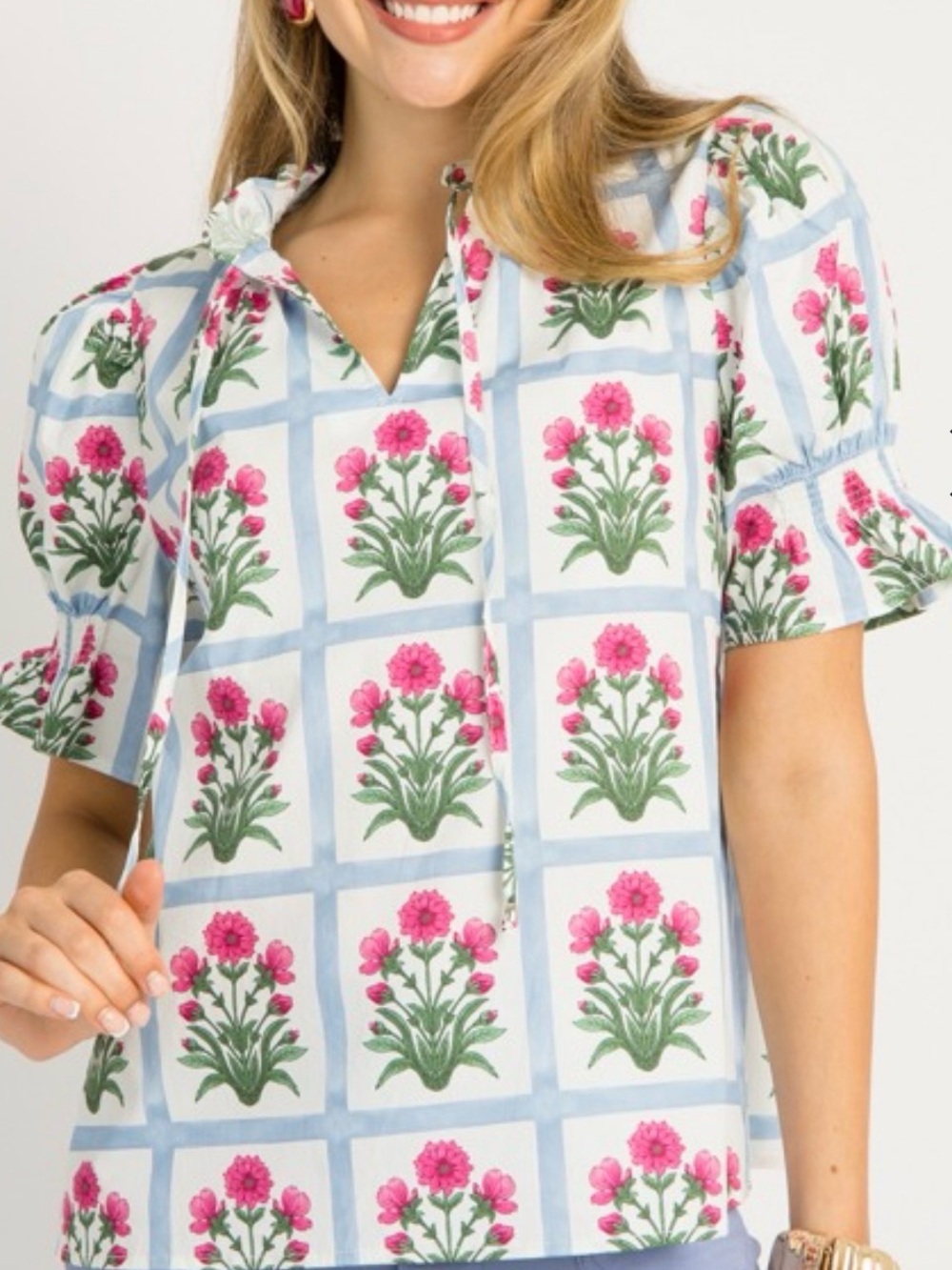 Entro L Floral Ruffle Finish Pullover Top in Magenta Puff Sleeve Tie detail